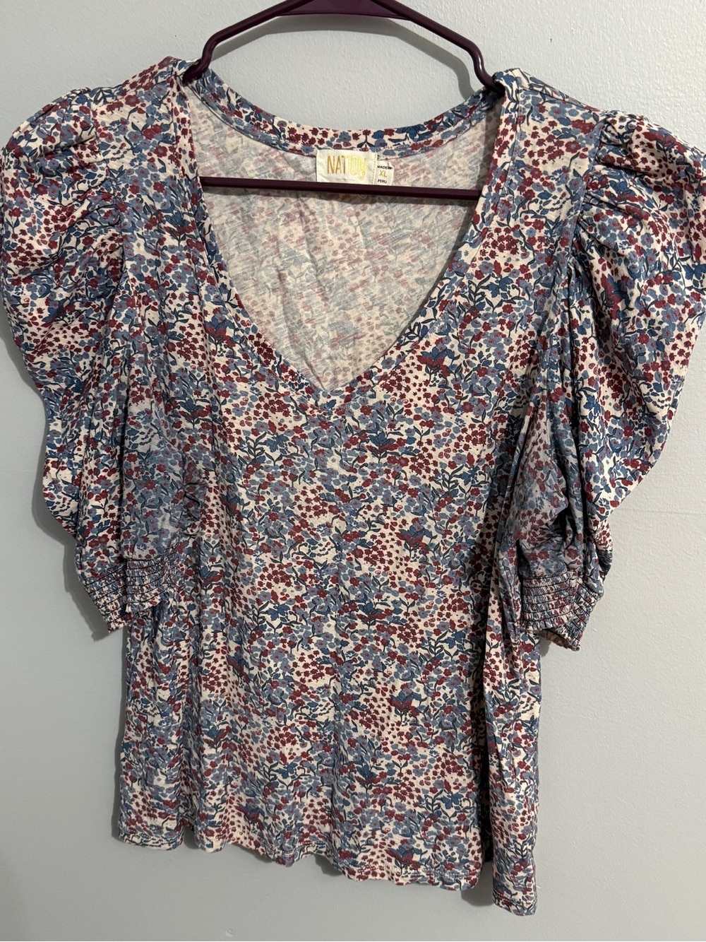 Nation LTD Top Womens Extra Large Celine Puff Sleeve V Neck Floral Colorful